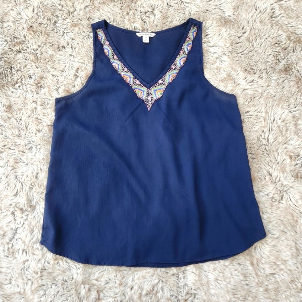 American Eagle Outfitters Navy‎ Blue Tank Top Colorful Beaded Trim Size Small